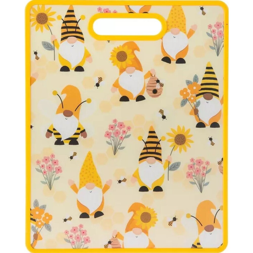 Kitchen Plastic Cutting Board (12"x15") SUNFLOWERS,BEES & GNOMES,yellow frame,HL